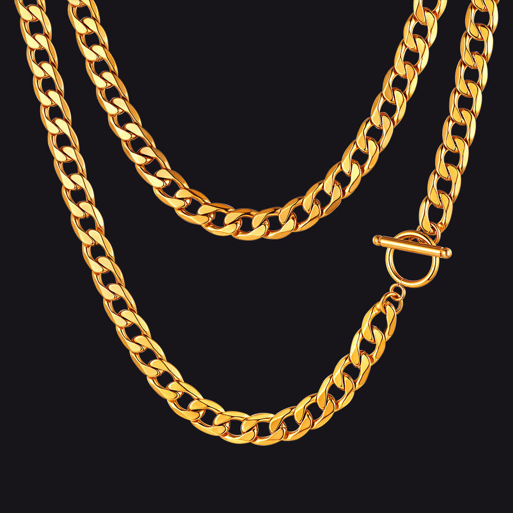  9mm Width Gold Plated Cuban Chain Necklace with T-Clasp