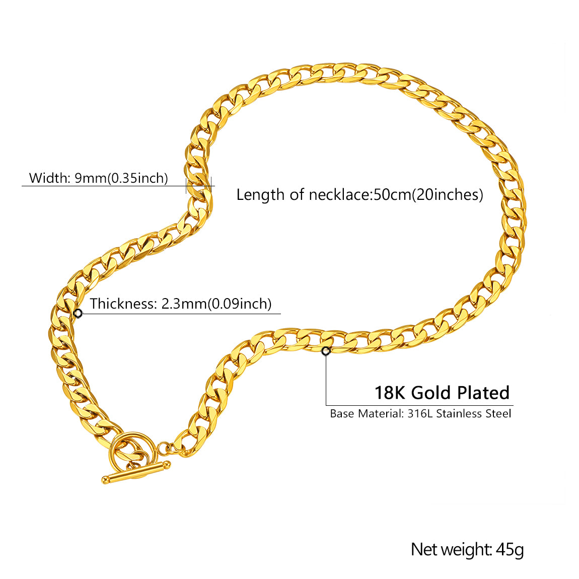 9mm Width Gold Plated Cuban Chain Necklace with T-Clasp