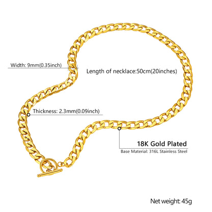  9mm Width Gold Plated Cuban Chain Necklace with T-Clasp