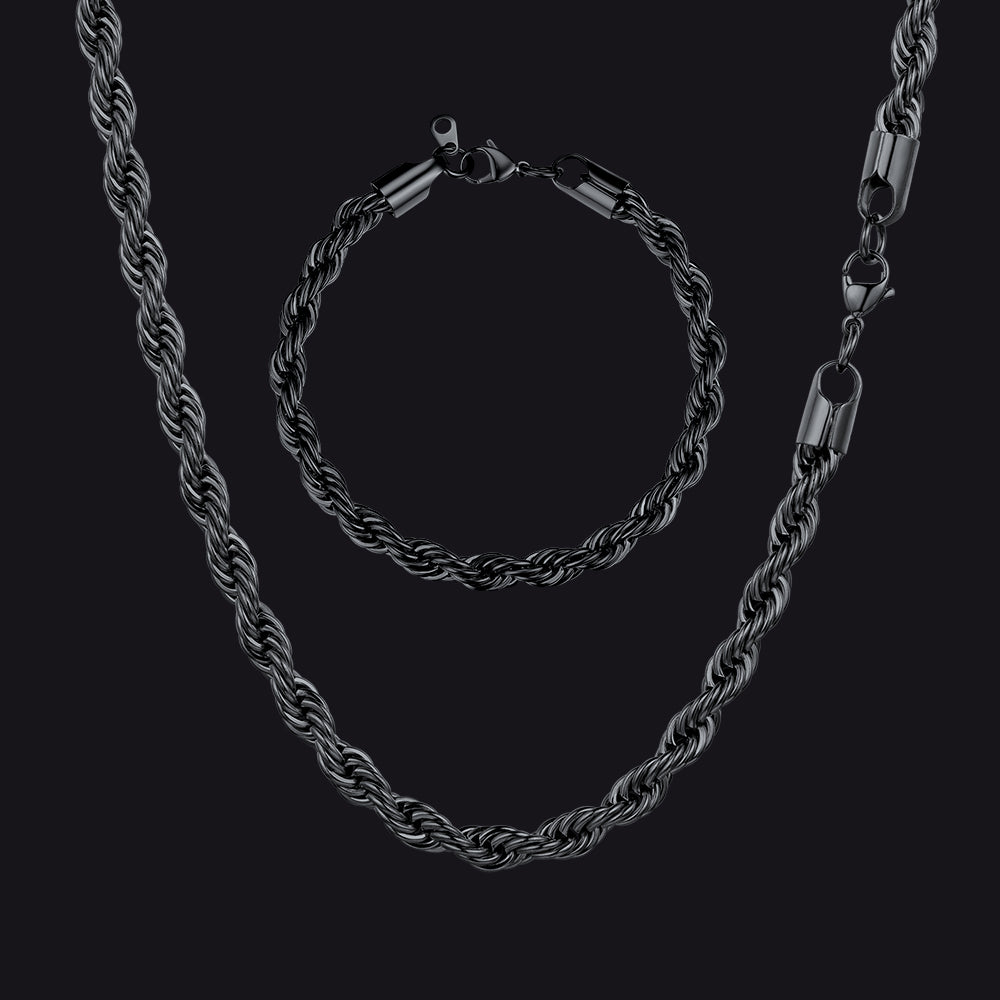 Black Twisted Rope Link Chain and Bracelet Set for Men – Sleek Design