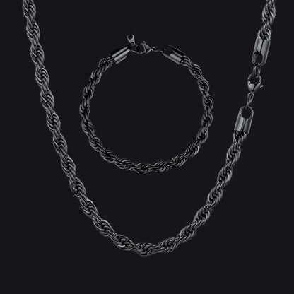 Black Twisted Rope Link Chain and Bracelet Set for Men – Sleek Design