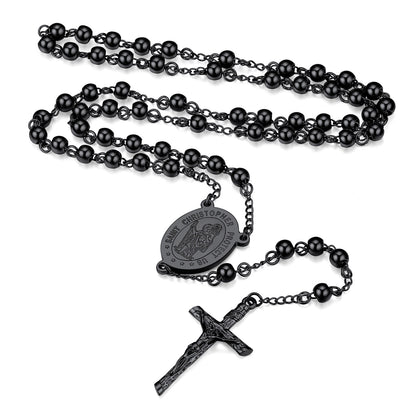 Saint Christopher Rosary Bead Cross Necklace for Women Men