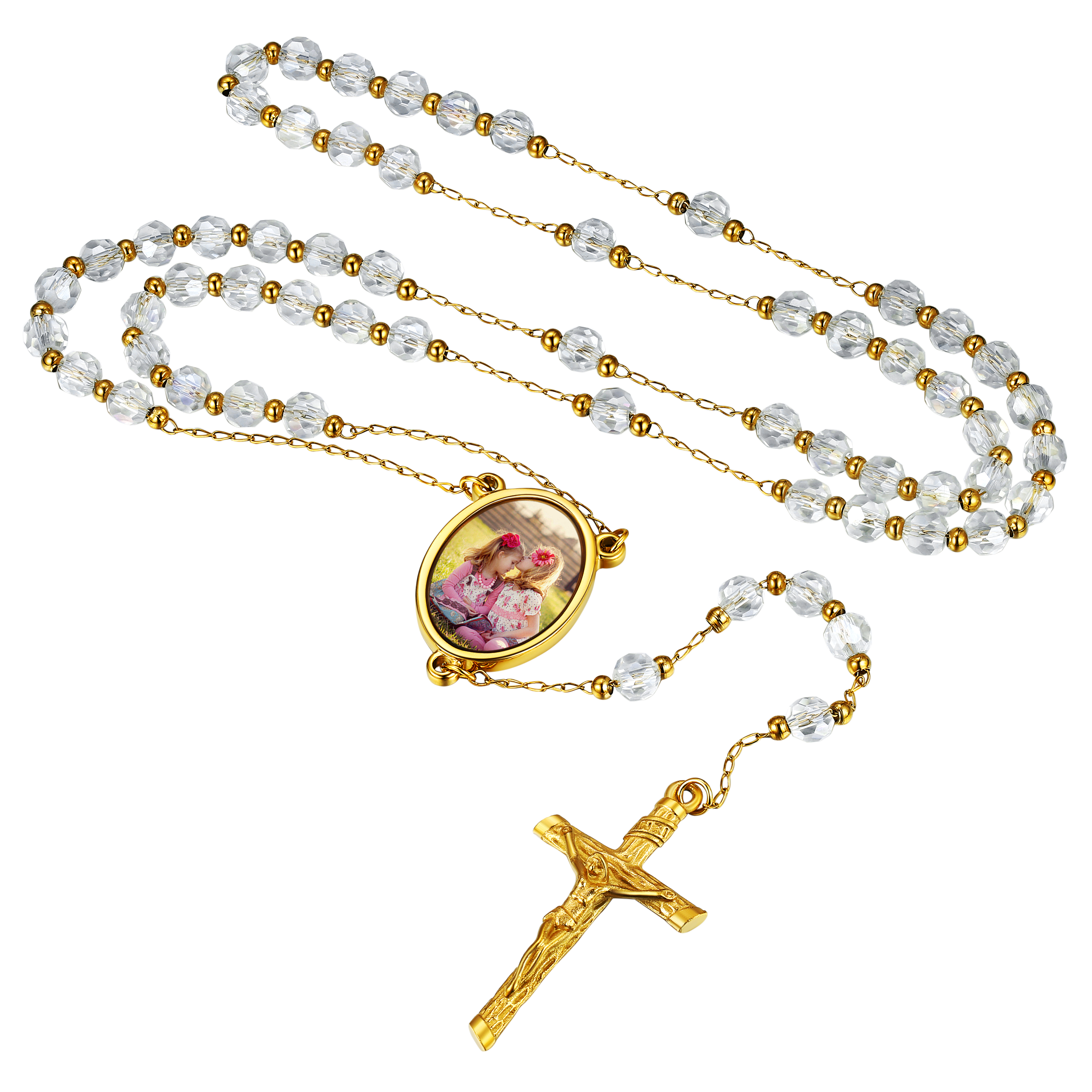 Personalized Photo Rosary Beads Cross Necklace Picture