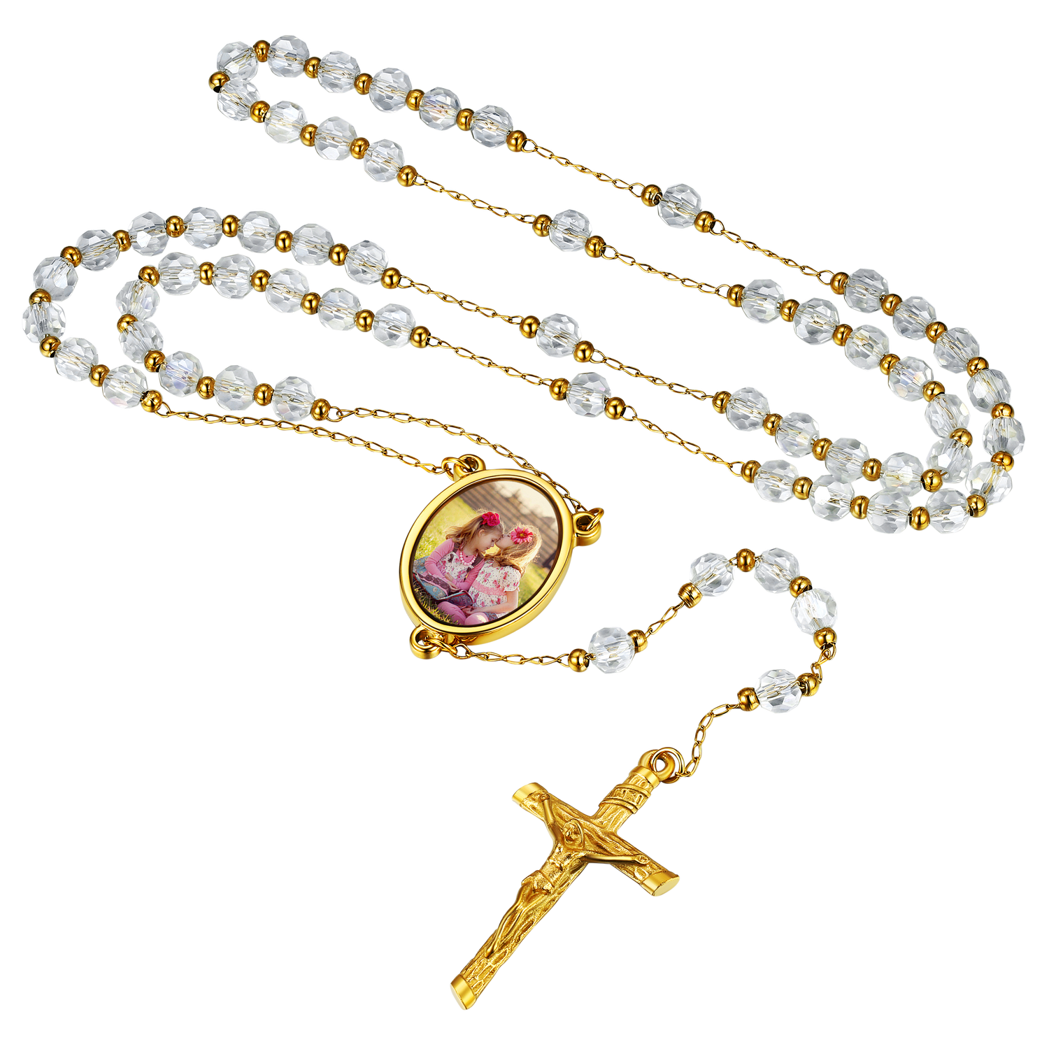 Personalized Photo Rosary Beads Cross Necklaceimg