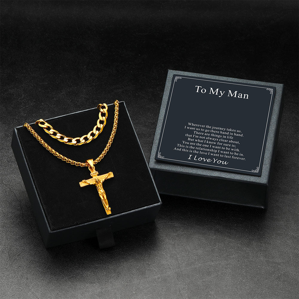Necklace set with card saying "To My Man – Stay Blessed & Strong in Faith"