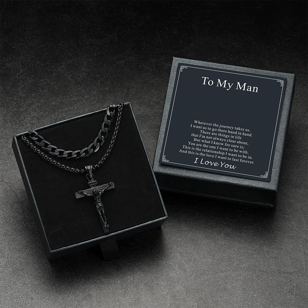 Necklace set with card saying "To My Man – Stay Blessed & Strong in Faith"