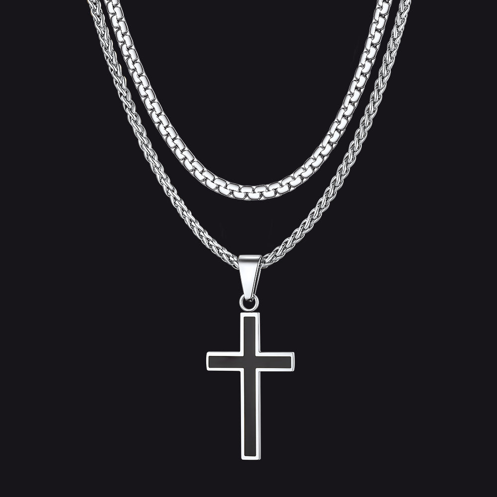 Stainless steel cross and box chain layered necklaces