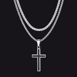 Stainless steel cross and box chain layered necklaces