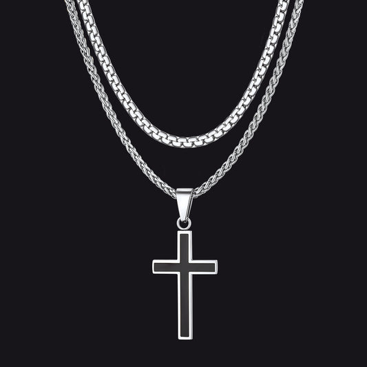 Stainless steel cross and box chain layered necklacesimg