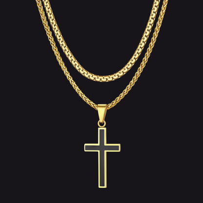 Gold cross and box chain layered necklaces