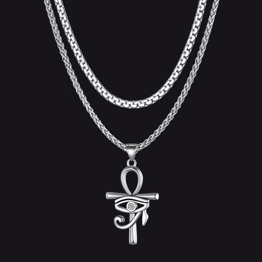 Silver Stainless steel Ankh cross pendant necklace set for meimg
