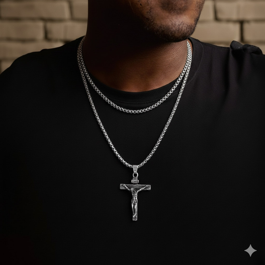 Person wearing a black shirt with a silver chain and cross pendant necklace against a brick wall.