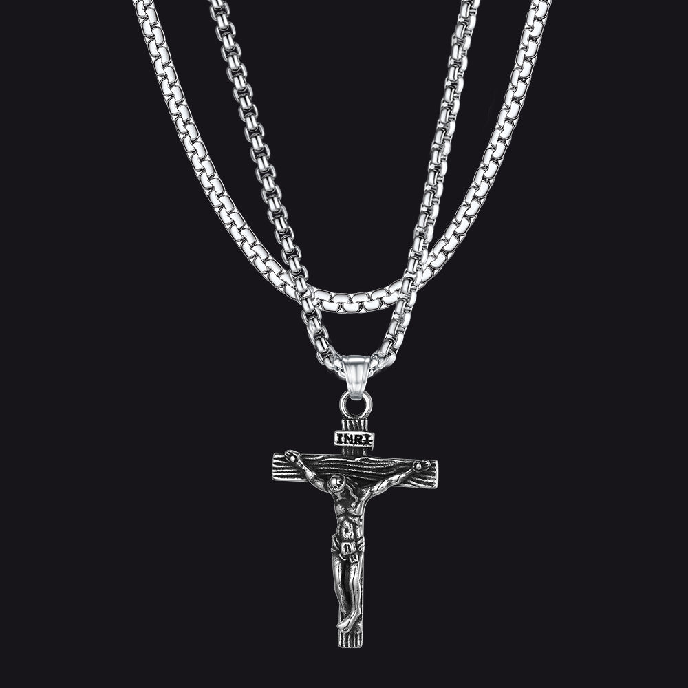 Flat Box Chain & Jesus Cross Layered Necklace Set for Men