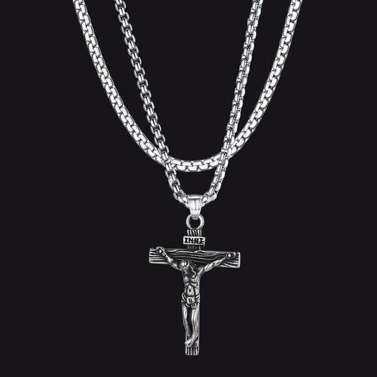 Flat Box Chain & Jesus Cross Layered Necklace Set for Menimg