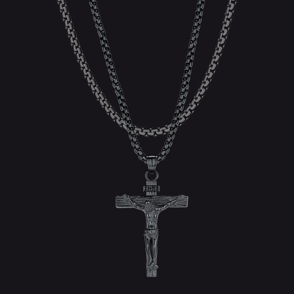 Flat Box Chain & Jesus Cross Layered Necklace Set for Men