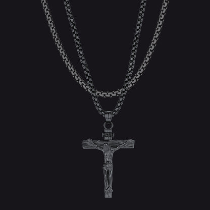 Flat Box Chain & Jesus Cross Layered Necklace Set for Men