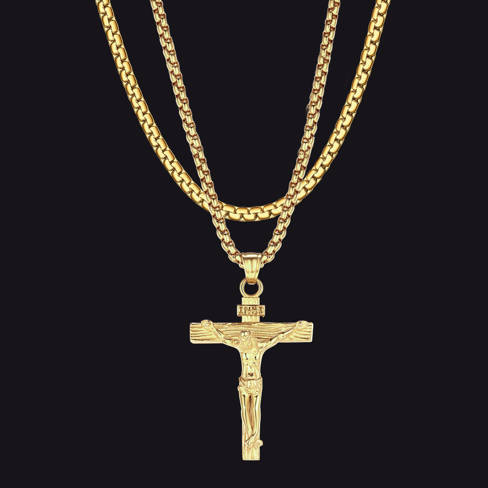 Flat Box Chain & Jesus Cross Layered Necklace Set for Men