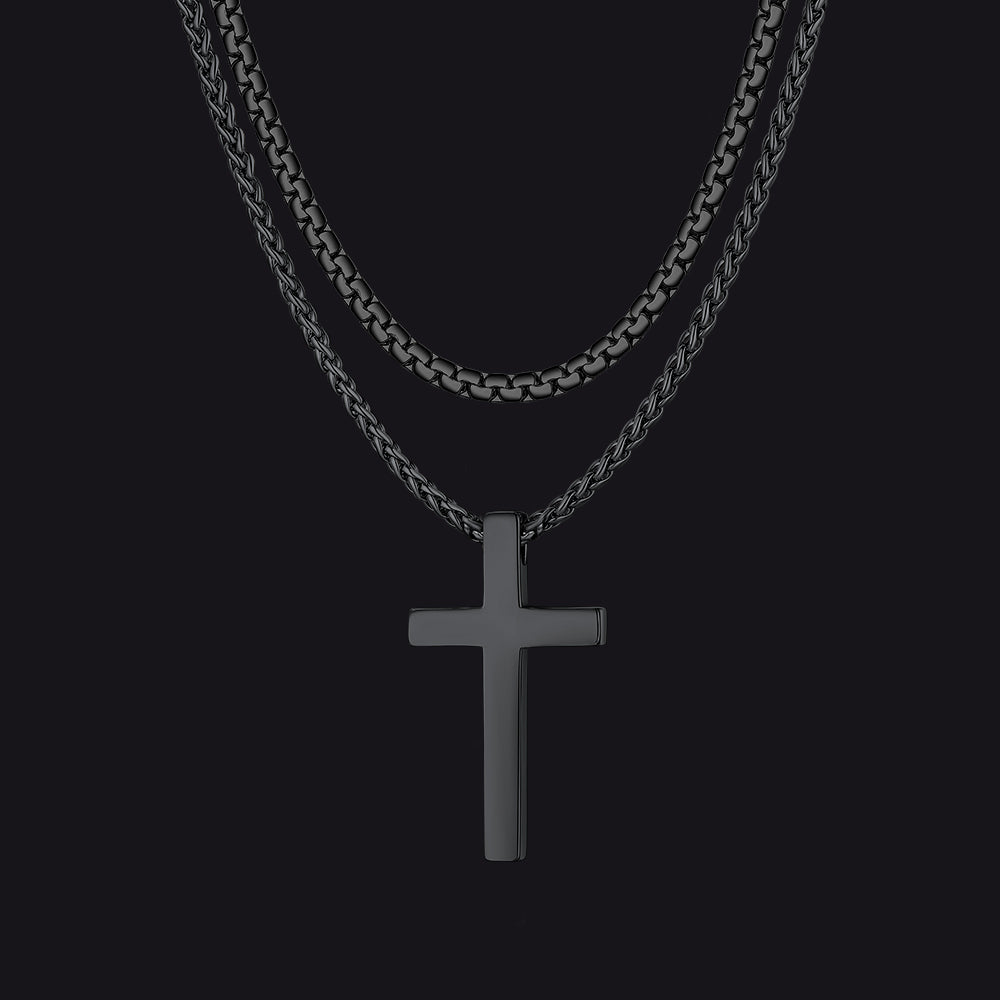 Black Flat box chain and plain cross layered necklace for men