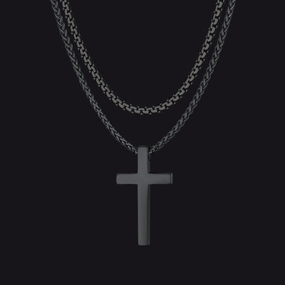 Black Flat box chain and plain cross layered necklace for men
