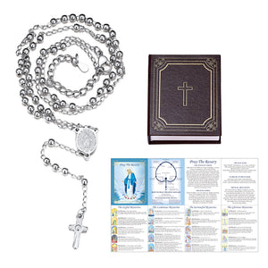 Steel Dainty Virgin Mary Rosary Beads Necklace with Prayer Card & Box