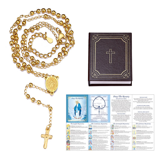 Gold Dainty Virgin Mary Rosary Beads Necklace with Prayer Card & Boximg