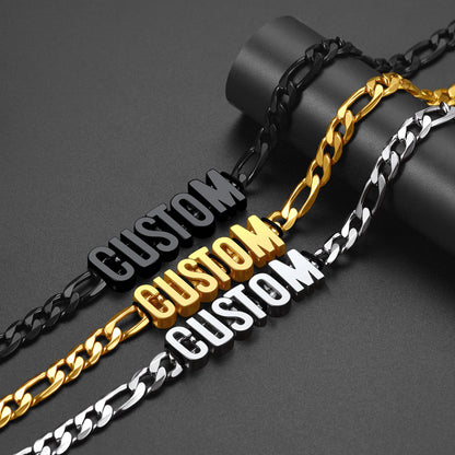 Three chains with 'CUSTOM' labels in black, gold, and silver on a dark background