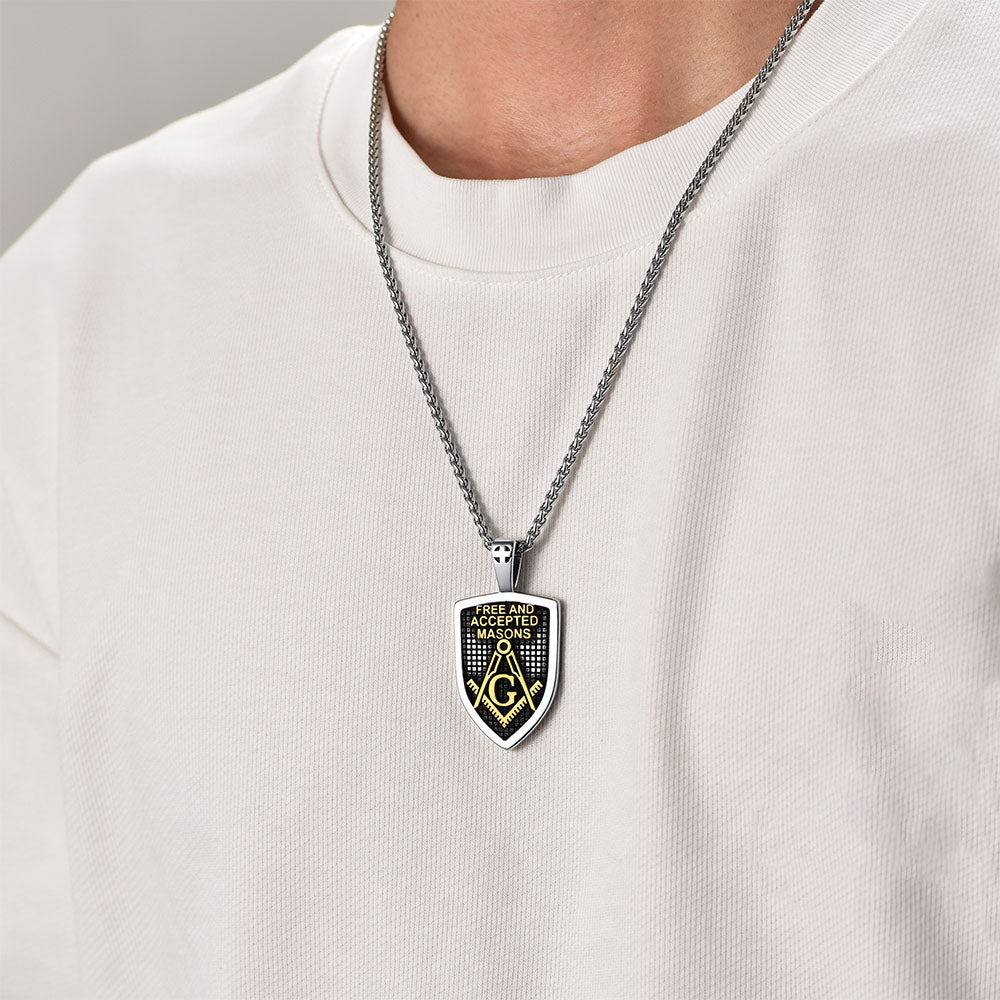 FaithHeart Freemason Symbol Masonic Shield Pendant Necklace Stainless Steel Chain FaithHeart