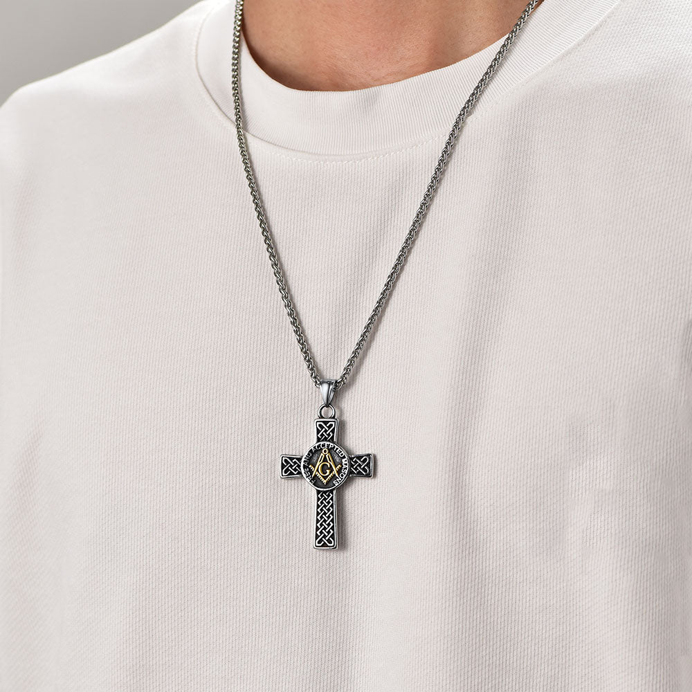 FaithHeart Masonic Symbol Cross Pendant Necklace Stainless Steel Vintage Mason Necklace FaithHeart