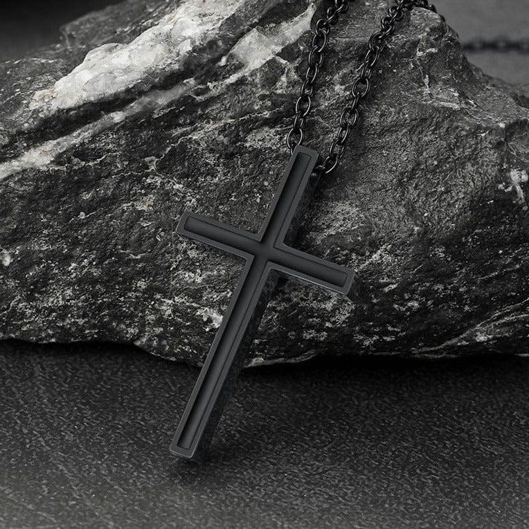 FaithHeart Sterling Silver Black Enamel Cross Necklace for Men FaithHeart
