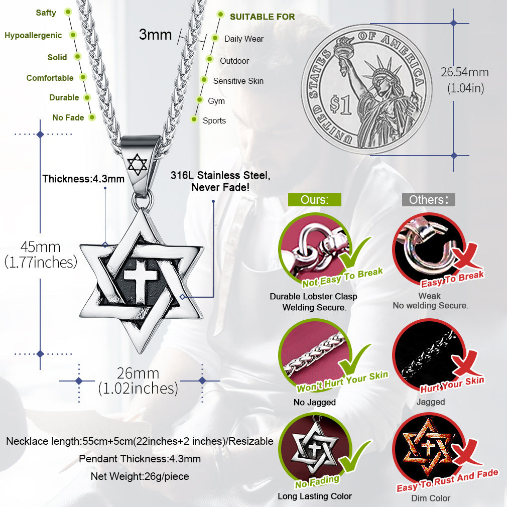 Jewish Star of David With Cross Necklace for Men