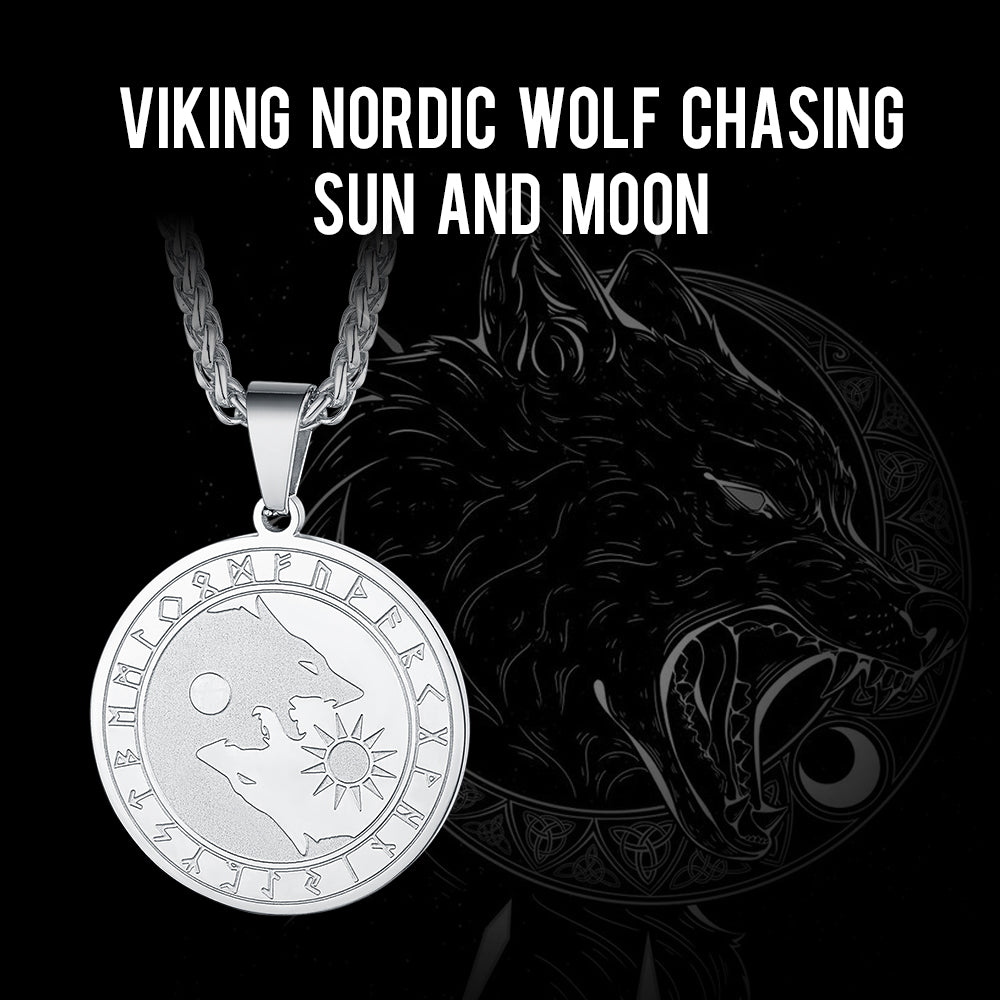 Viking Wolf Coin Necklace For Men With Runes