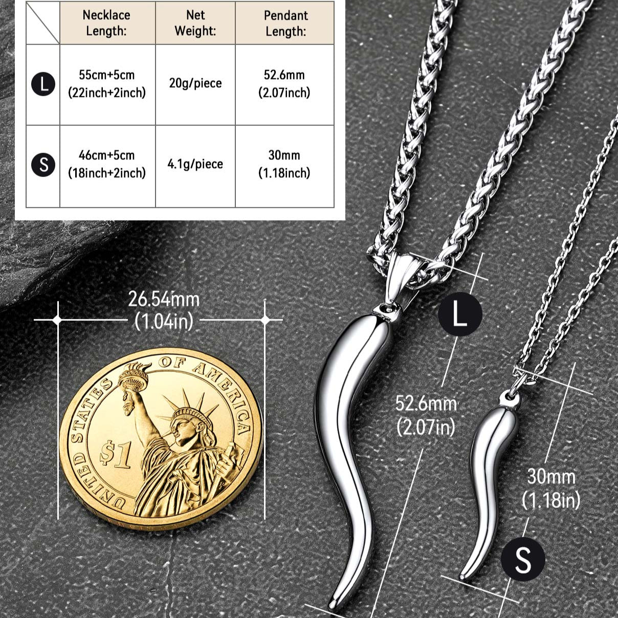 Italian Horn Necklace Cornicello Amulet Pendant for Men Women