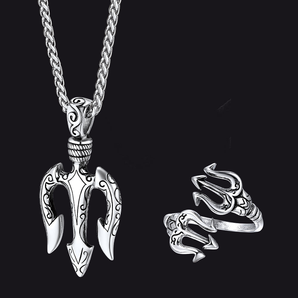 Greek Poseidon Trident Necklace & Ring Jewelry Set for Men