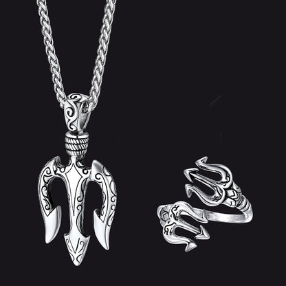 Greek Poseidon Trident Necklace & Ring Jewelry Set for Men