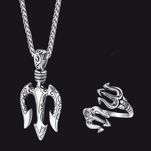 Greek Poseidon Trident Necklace & Ring Jewelry Set for Menimg
