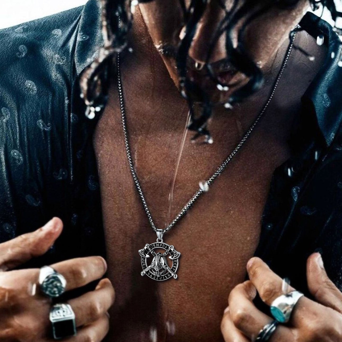 Flash Sale Viking Axe Helmet Pendant Necklace For Men With Runes