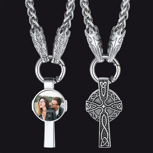 FaithHeart Custom Picture Celtic Cross Necklace with Wolf King Chain FaithHeart