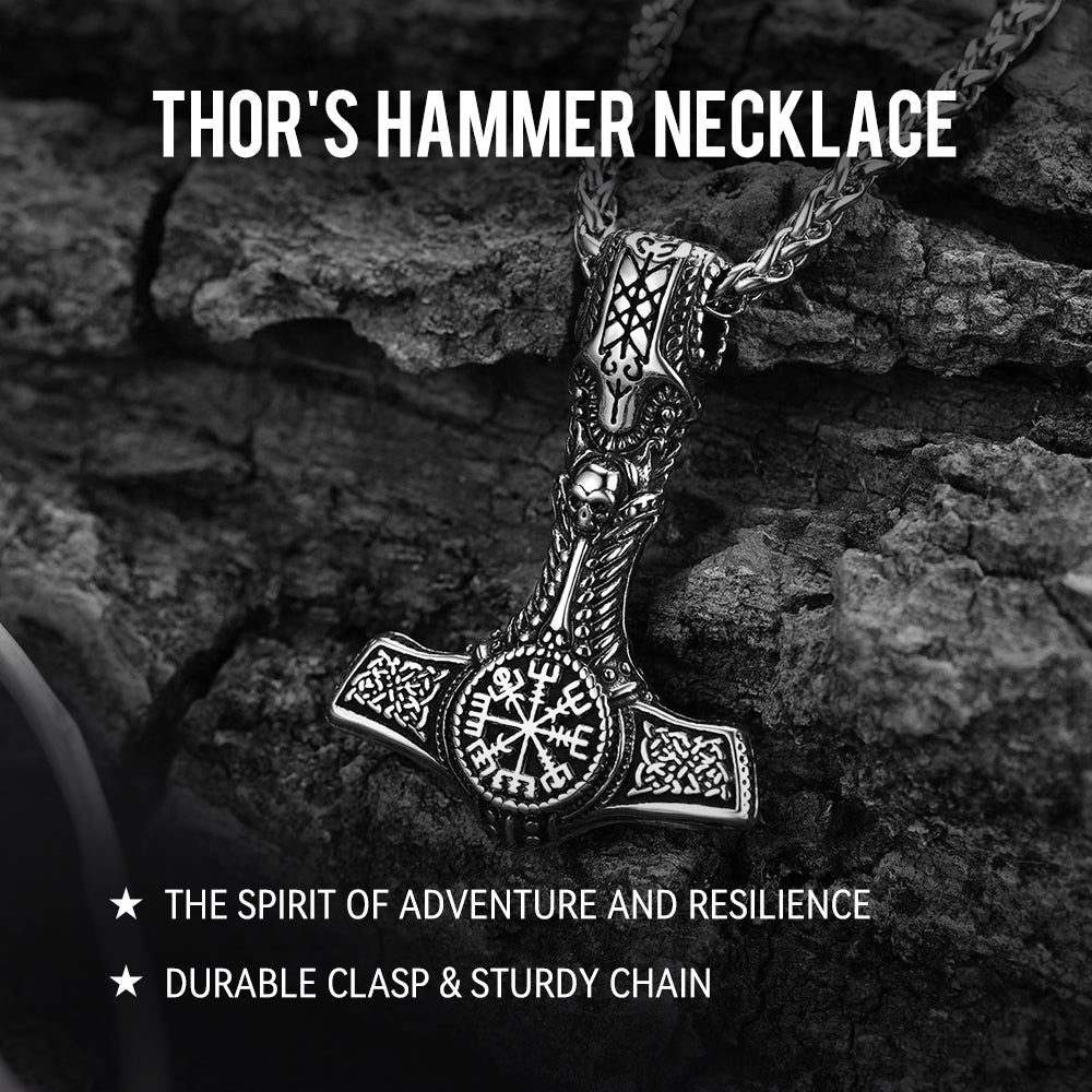 Thor's Hammer Necklace With Viking Compass For Men