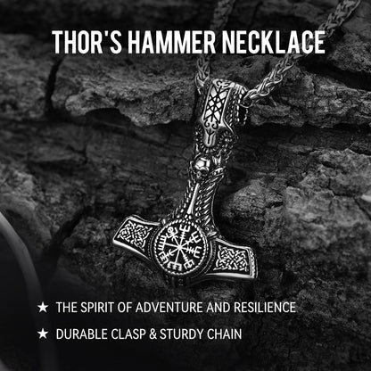 Thor's Hammer Necklace With Viking Compass For Men