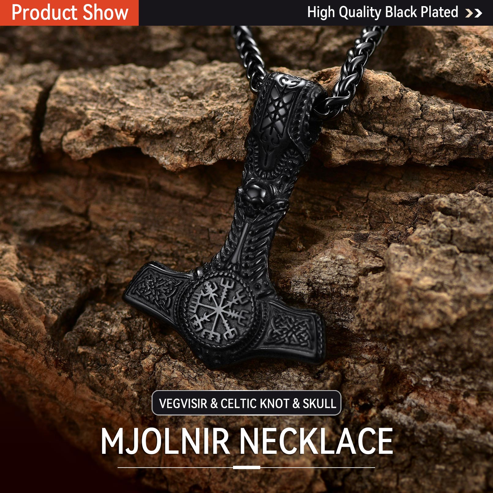 Thor's Hammer Necklace With Viking Compass For Men