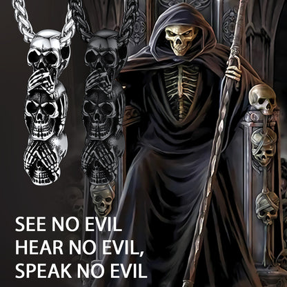 Cuban Curb Chain & See No Evil, Hear No Evil, Speak No Evil Skull Layer Necklace Set for Men