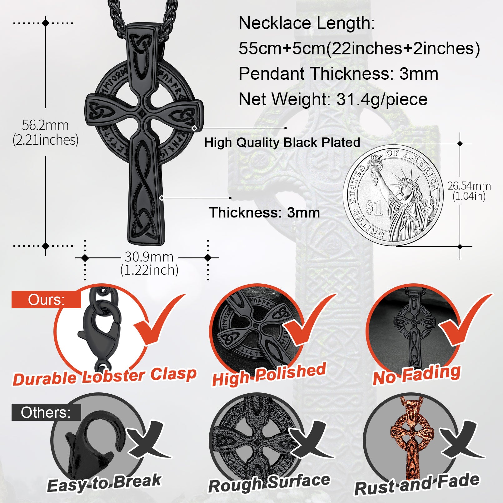 Irish Celtic Cross Necklace with Viking Runes for Men