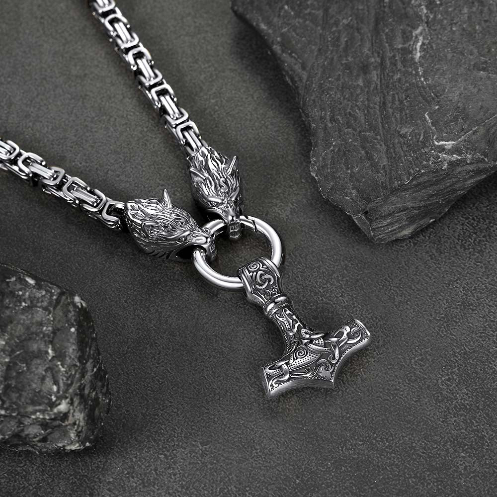 FaithHeart Viking Mjolnir Thor's Hammer Necklace Wolf Head Chain FaithHeart