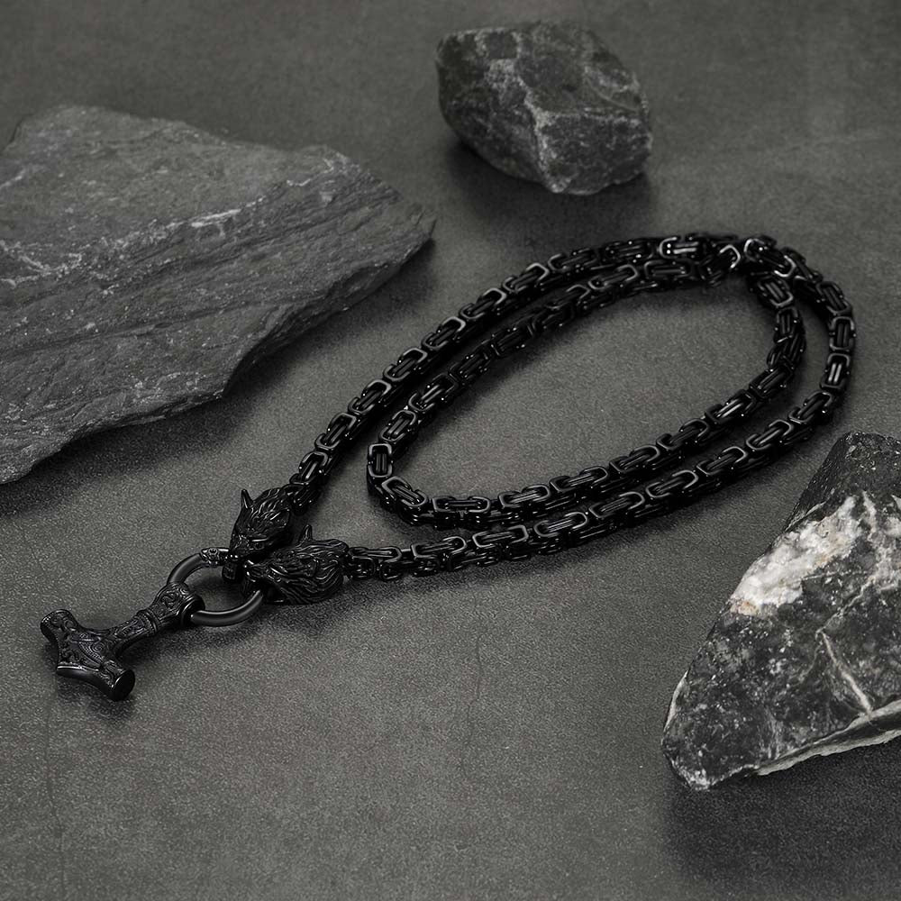 FaithHeart Viking Mjolnir Thor's Hammer Necklace Wolf Head Chain FaithHeart
