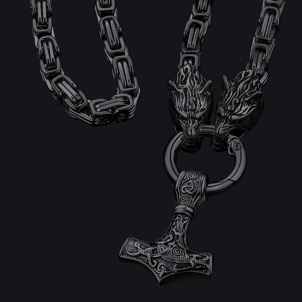 FaithHeart Viking Mjolnir Thor's Hammer Necklace Wolf Head Chain FaithHeart