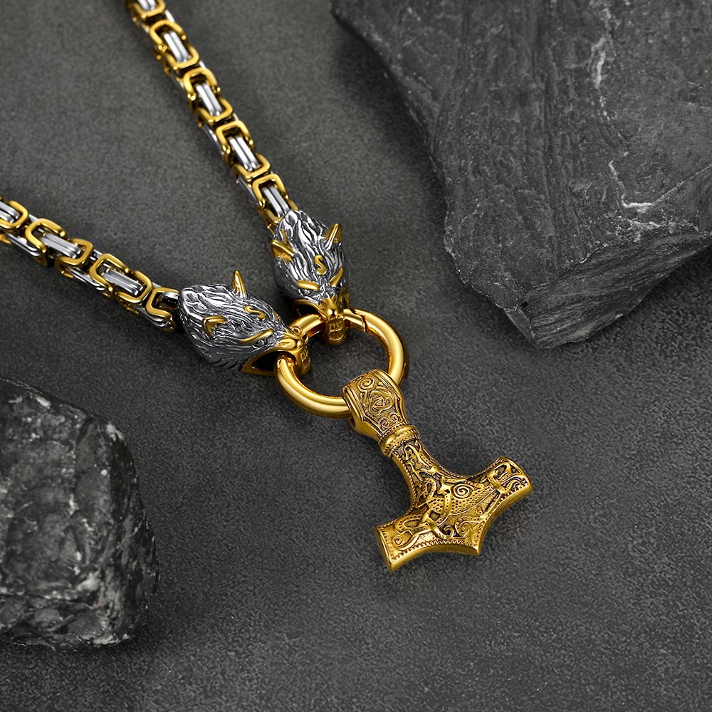 FaithHeart Viking Mjolnir Thor's Hammer Necklace Wolf Head Chain FaithHeart