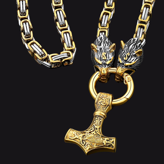 FaithHeart Viking Mjolnir Thor's Hammer Necklace Wolf Head Chain FaithHeartimg