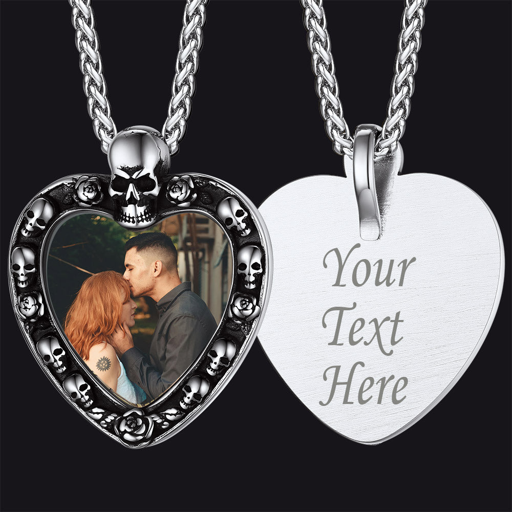 Customized Memorial Heart Photo Necklace Skull