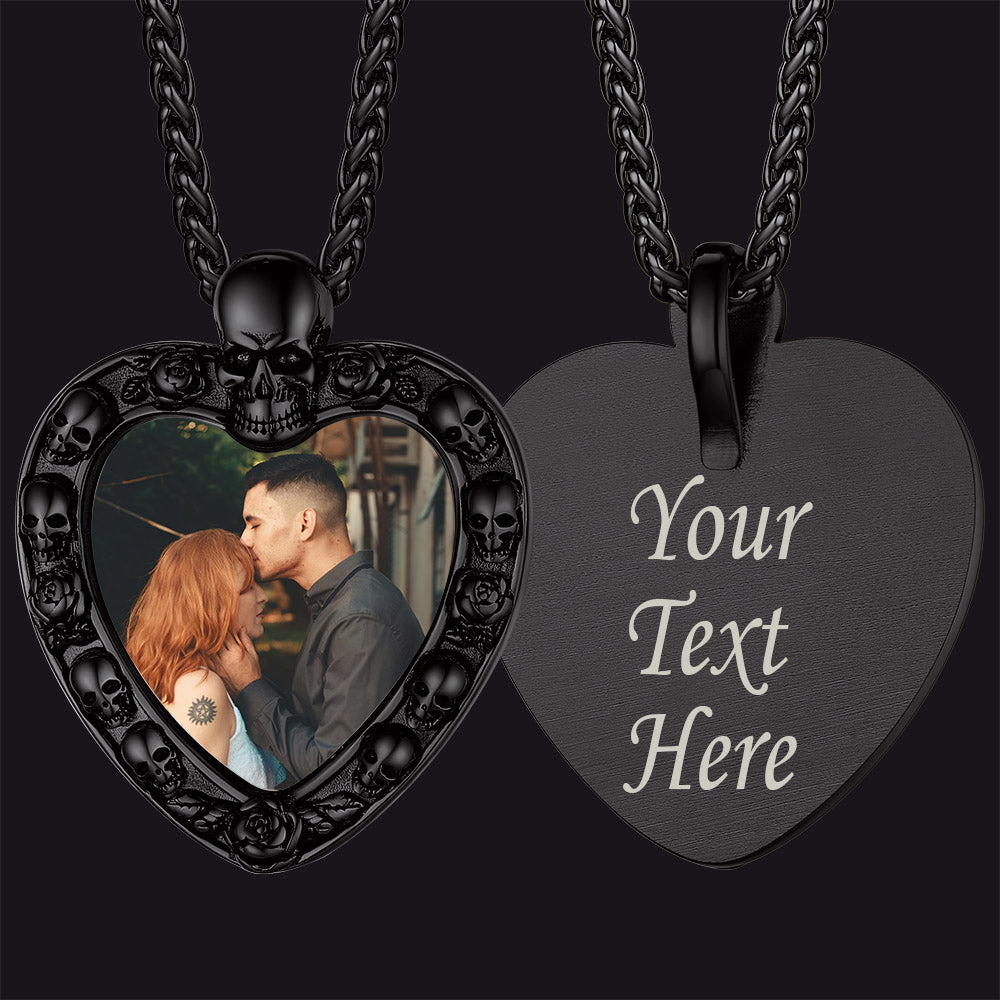 FaithHeart Personalized Heart Shape Photo Engraved Necklace Pendant with Skull FaithHeart