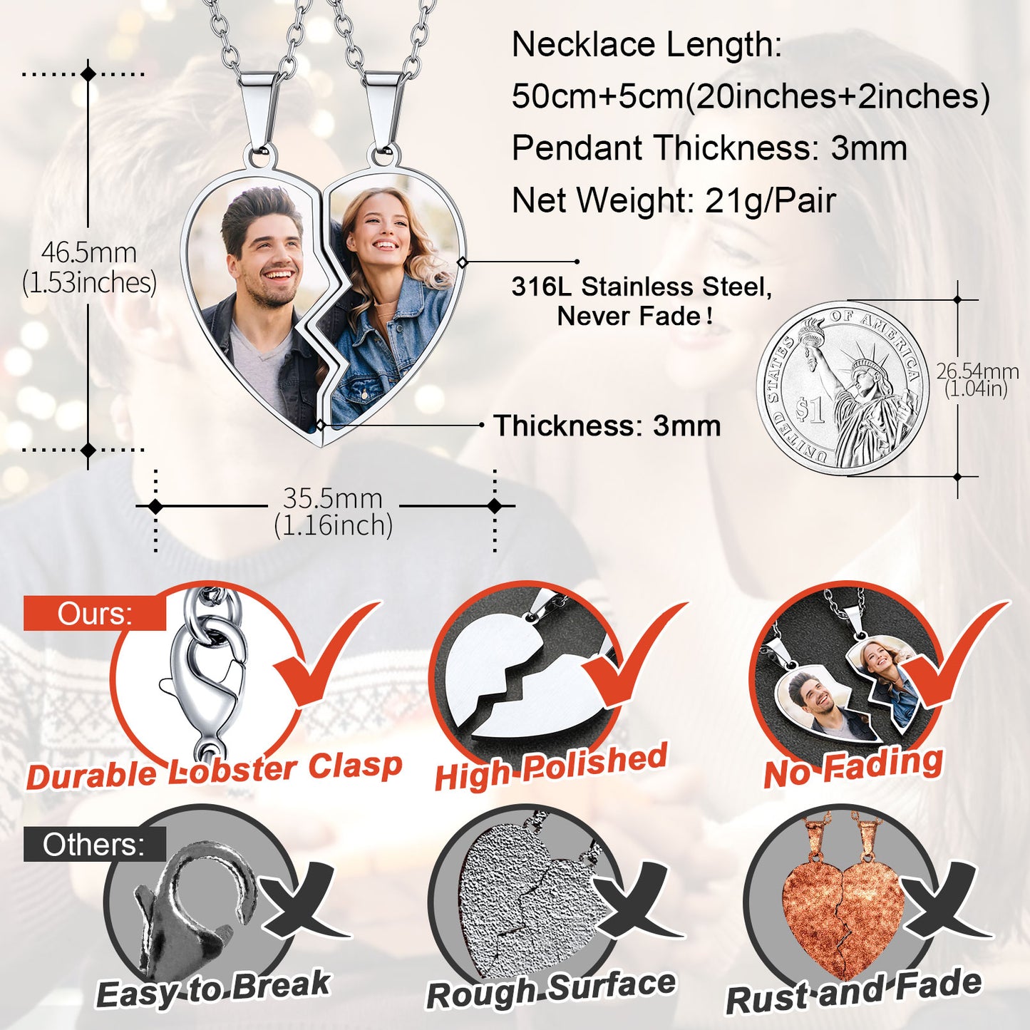 Heart-shaped photo necklace with measurement details and product features on a white background